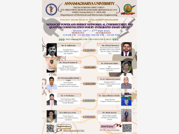 The Department of Electrical and Electronics Engineering, Organizing A Five-Day Online Faculty Development Programme (FDP) on: "Advanced Power and Energy Networks: AI, Cybersecurity, and Quantum Communication for EV-Integrated Smart Grids" from 23rd – 27th February 2026.🔗 Register using the link: https://shorturl.at/7I78O