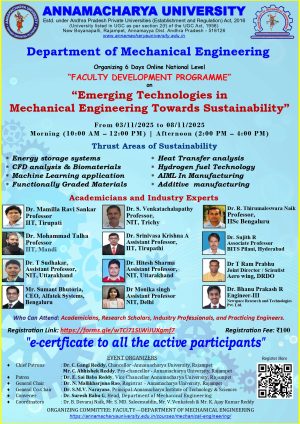 Department of Mechanical Engineering is organizing 6 days online Faculty Development Program on Emerging Technologies in Mechanical Engineering towards Sustainability from 03/11/2025 to 08/11/2025''