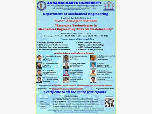 Department of Mechanical Engineering is organizing 6 days online Faculty Development Program on Emerging Technologies in Mechanical Engineering towards Sustainability from 03/11/2025 to 08/11/2025.