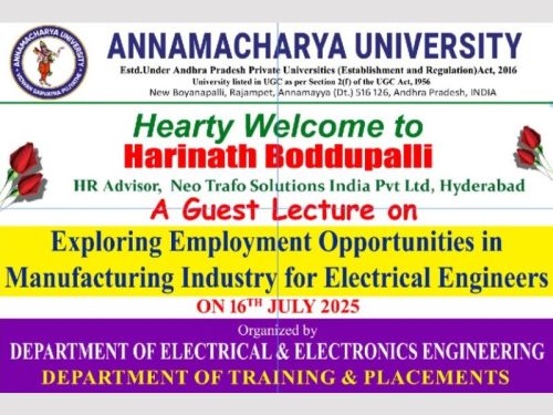 A Guest Lecture on Exploring Employment Opportunities in Manufacturing Industry for Electrical Engineers – Jointly Organized by the Departments of EEE and Training & Placements