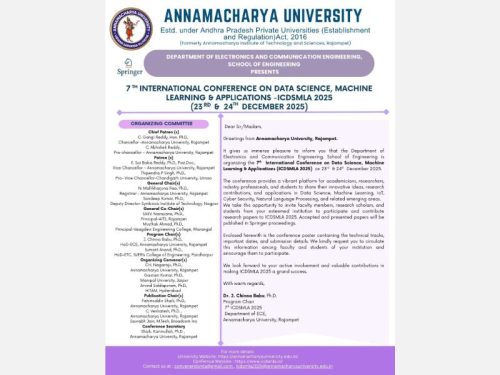 The Department Electronics and Communication Engineering will organize the 7th International Conference on Data Science, Machine Learning & Applications (ICDSMLA - 25) on 23rd & 24th December 2025.